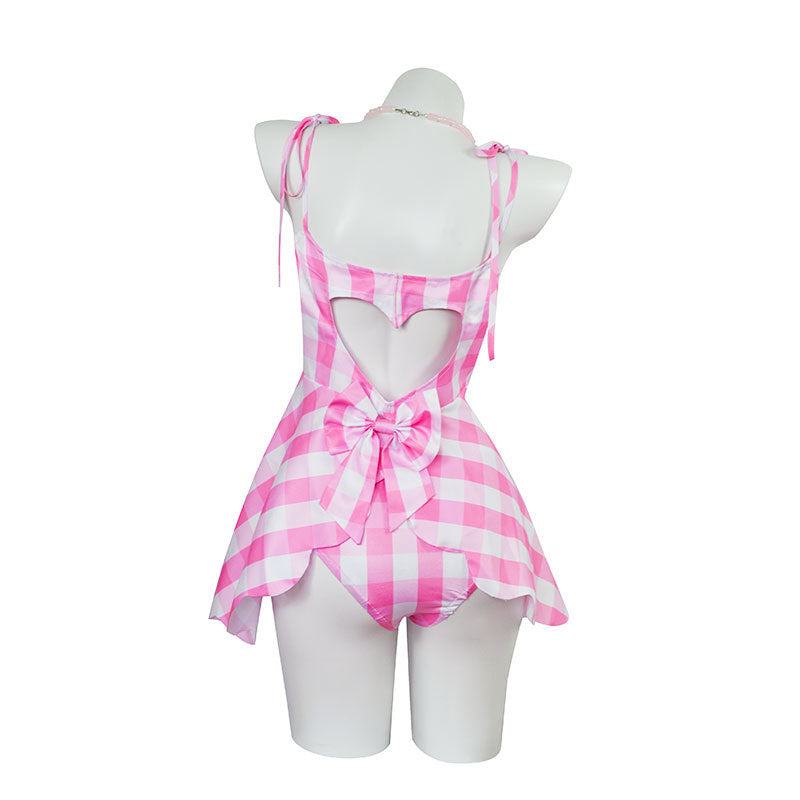 2023 Movie Margot Robbie Pink Plaid Swimwear Suit Cosplay Costume