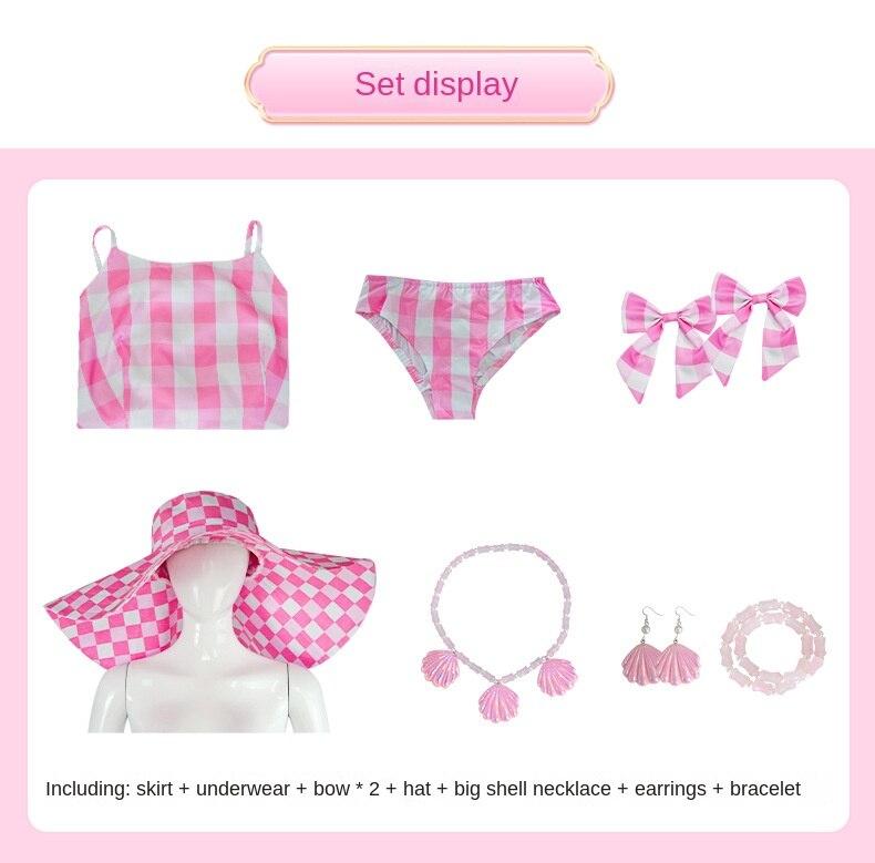 2023 Movie Margot Robbie Pink Plaid Swimwear Suit Cosplay Costume