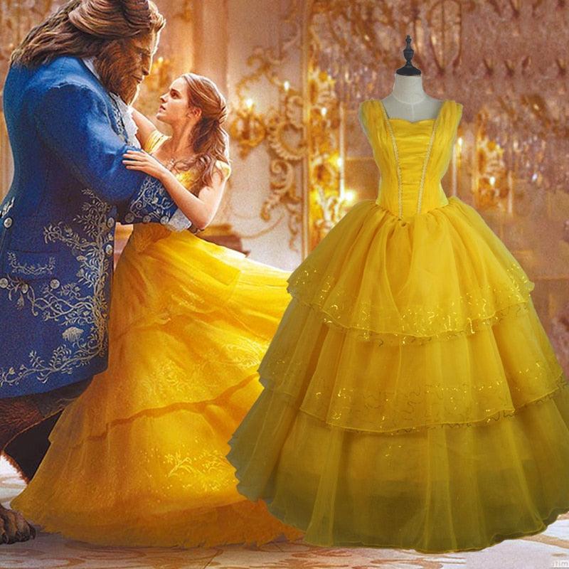 2020 Belle Beauty and the Beast Costumes Princess Belle Yellow Fantasias Dress for Adult