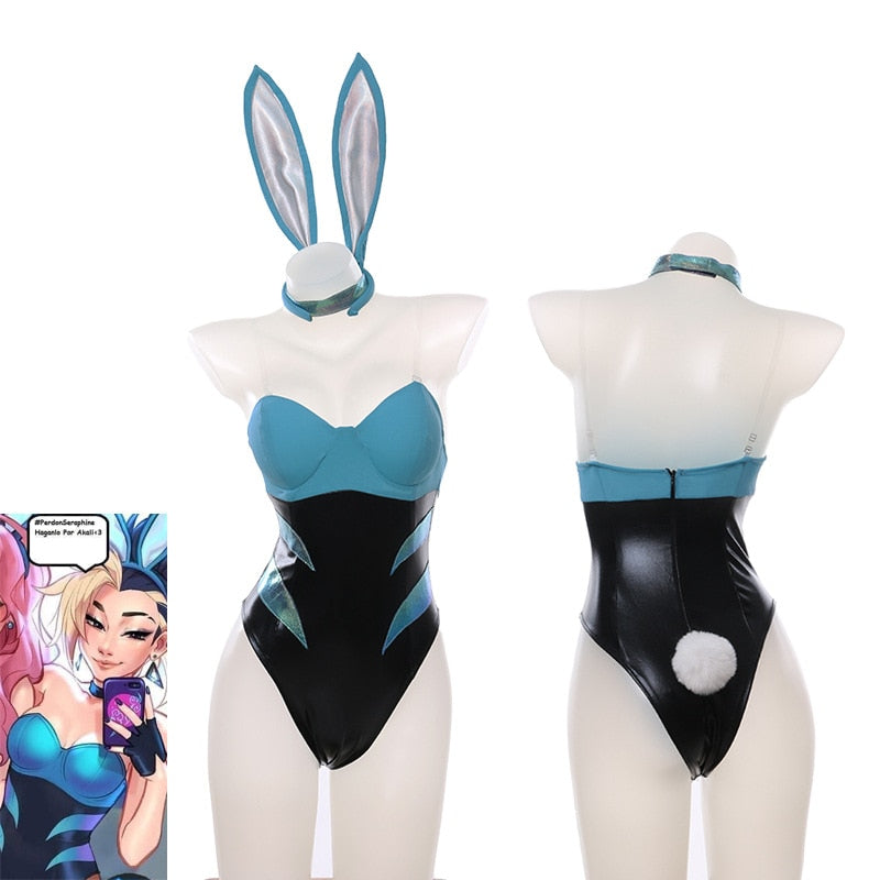 NEW LOL KDA Akali Sexy Cosplay Leather Costume Bunny Girl The Rogue Assassin Jumpsuits Cool Sweet girl slim Rompers suit bunny senpai costume corset - CrazeCosplay