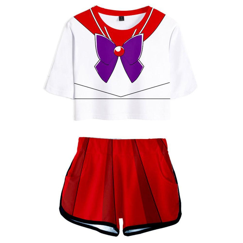 Women Sailor Moon Hino Rei Cosplay Crop Top & Shorts Set Summer 2 Pieces Casual Clothes - CrazeCosplay