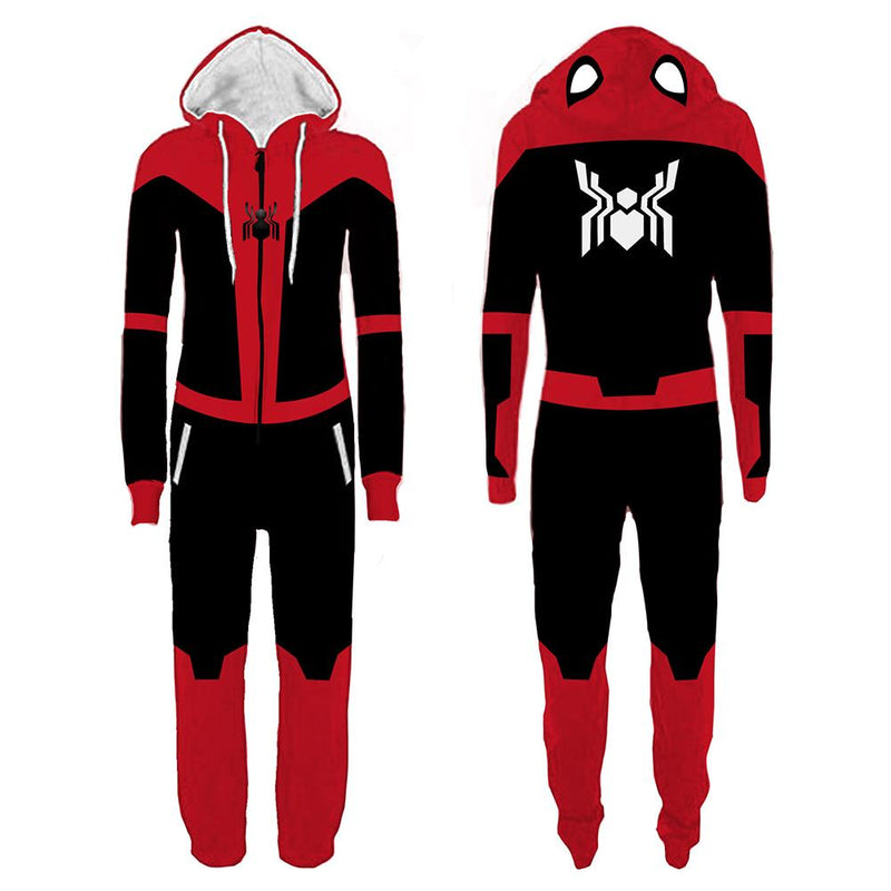 Unisex Halloween Spider-Man Pajamas Black Red Cartoon Onesie Hooded Pajamas Cosplay Costume - CrazeCosplay