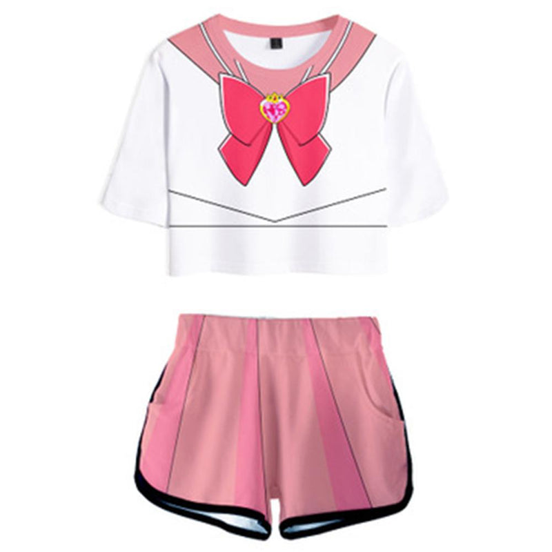 Women Sailor Moon Chibiusa Cosplay Crop Top & Shorts Set Summer 2 Pieces Casual Clothes - CrazeCosplay