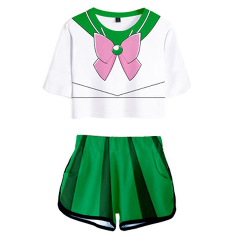 Women Sailor Moon Kino Makoto Cosplay Crop Top & Shorts Set Summer 2 Pieces Casual Clothes - CrazeCosplay