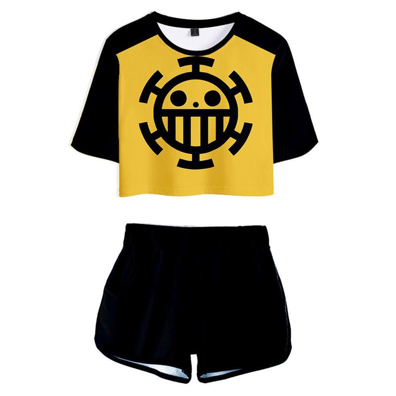 Women ONE PIECE Cosplay Crop Top & Shorts Set Heart Pirates Printed Summer 2 Pieces Casual Clothes - CrazeCosplay