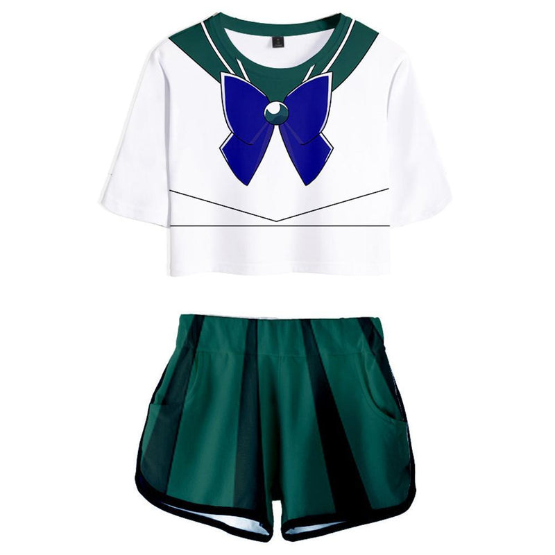 Women Sailor Moon Kaiou Michiru Cosplay Crop Top & Shorts Set Summer 2 Pieces Casual Clothes - CrazeCosplay