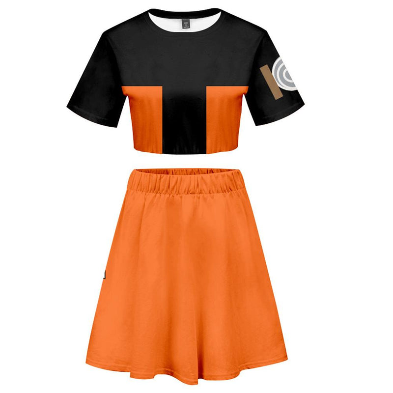 Women Naruto Uzumaki Naruto 2 Pieces Cosplay Outfits Short Sleeves Crop Top + A Line Skirt Sets - CrazeCosplay