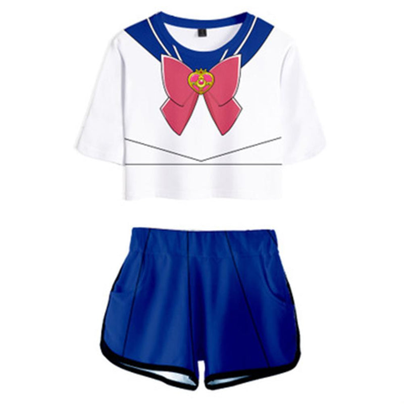 Women Sailor Moon Tsukino Usagi Cosplay Crop Top & Shorts Set Summer 2 Pieces Casual Clothes - CrazeCosplay