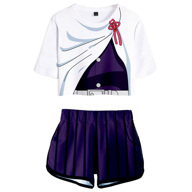 Women Demon Slayer: Kimetsu no Yaiba Crop Top Sets Tsuyuri Kanawo Cosplay Short Sleeve T-shirt Shorts 2 Pieces Sets Casual Clothes - CrazeCosplay