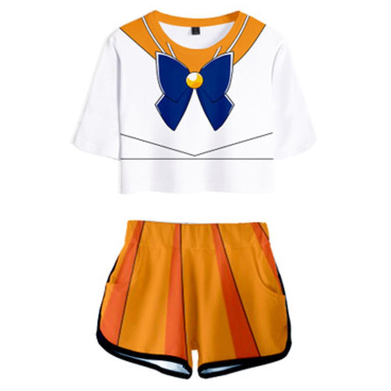Women Sailor Moon Minako Aino Cosplay Crop Top & Shorts Set Summer 2 Pieces Casual Clothes - CrazeCosplay