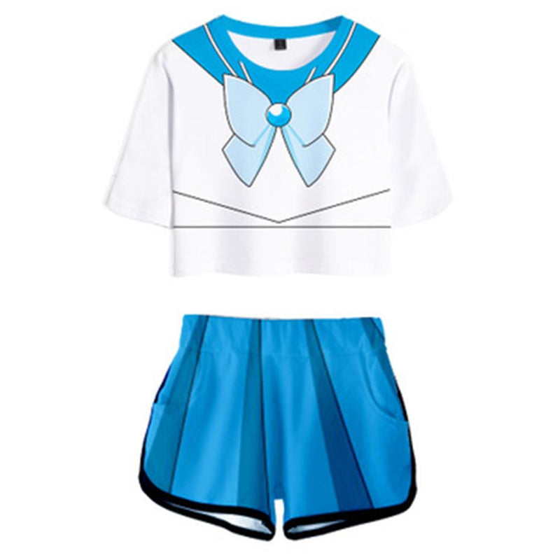 Women Sailor Moon Mizuno Ami Cosplay Crop Top & Shorts Set Summer 2 Pieces Casual Clothes - CrazeCosplay