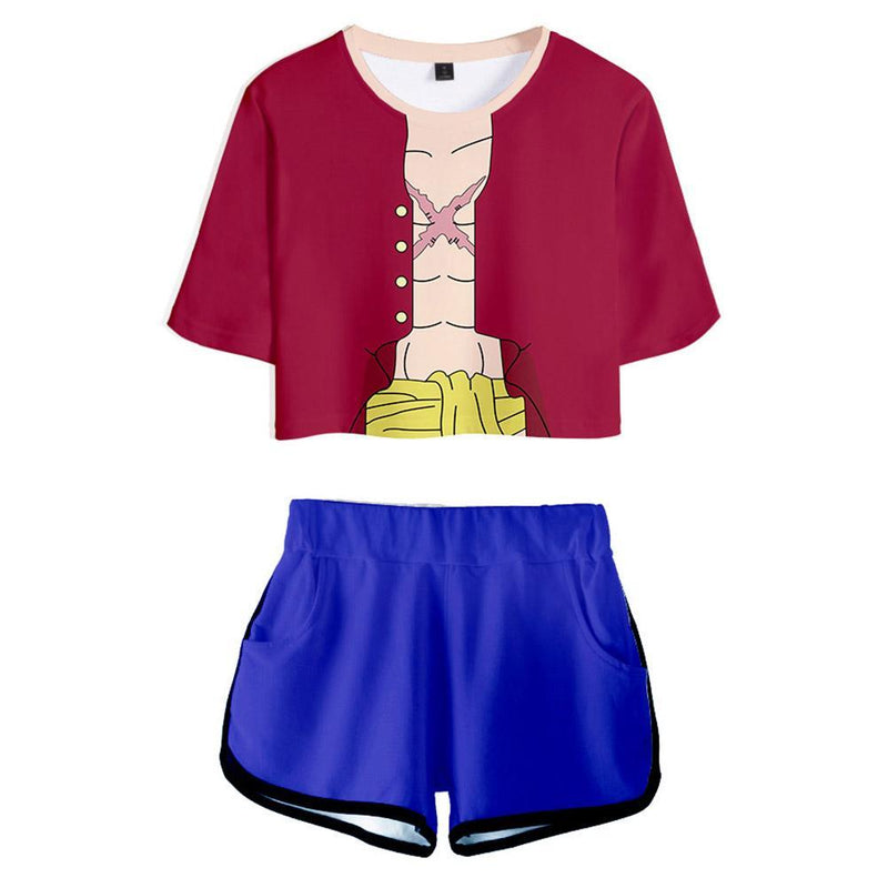 Women ONE PIECE Monkey D. Luffy Cosplay Crop Top & Shorts Set Summer 2 Pieces Casual Clothes - CrazeCosplay