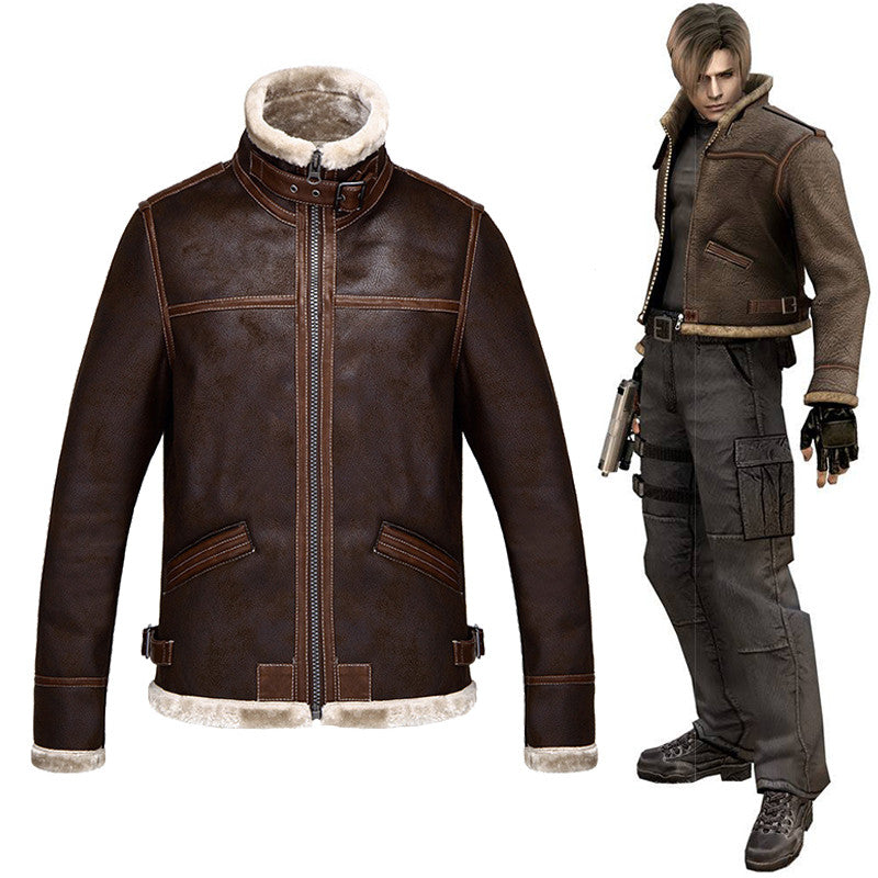 Leon Scott Kennedy Jackets Thick Coat Leather Velvet Winter Top Boys Faux Leather Coat Adult Men Suit Cosplay Costumes - CrazeCosplay