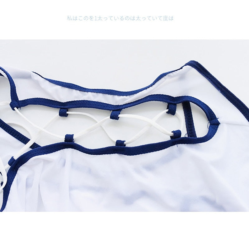 JK School Girl Cosplay Sukumizu Turtleneck Bodysuits Bandage Hollow Out Swimwear Swimsuit Bodycon Anime Lingerie Underwear Set - CrazeCosplay