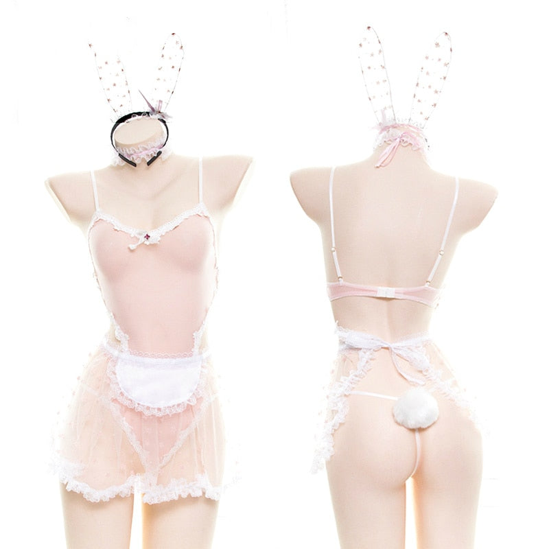 Lace Women Bunny Maid Cosplay Costume Sexy Erotic Lingerie Outfit Fancy Rabbit Girl Japanese Lace Fairy Star Print Babydoll - CrazeCosplay