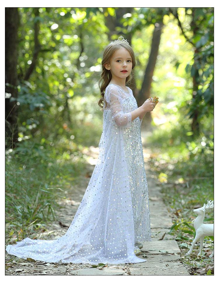 Kids Elsa Frozen 2 White Dress with Sparkling Cape Storybook Costumes for Halloween - CrazeCosplay