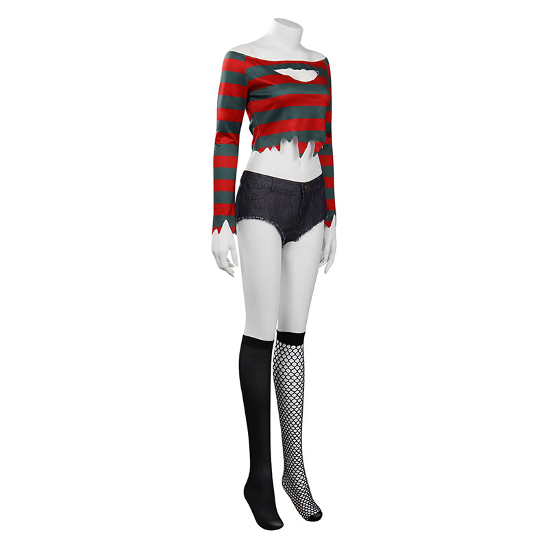 Sexy Freddy Krueger Costume Crop Top Halloween Cosplay Outfit for Woman