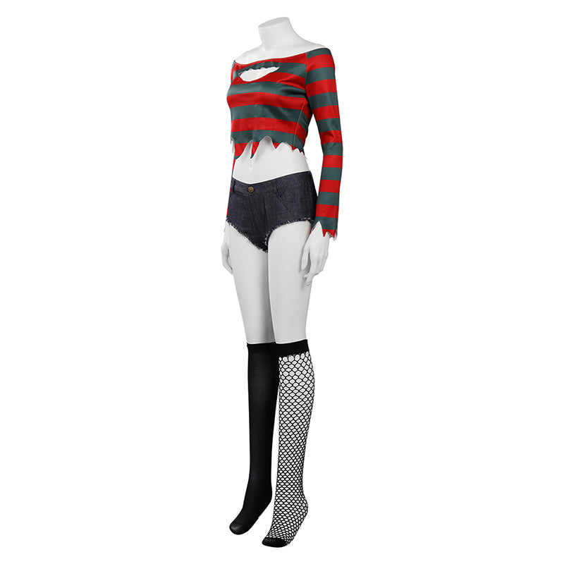 Sexy Freddy Krueger Costume Crop Top Halloween Cosplay Outfit for Woman