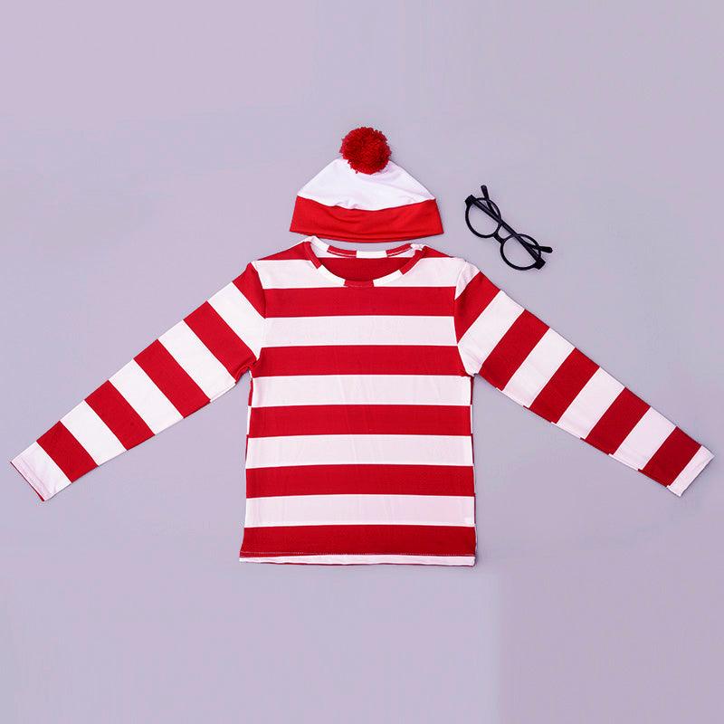 Kids Where's Waldo Costume with Hat and Glasses Halloween Cosplay Set - CrazeCosplay