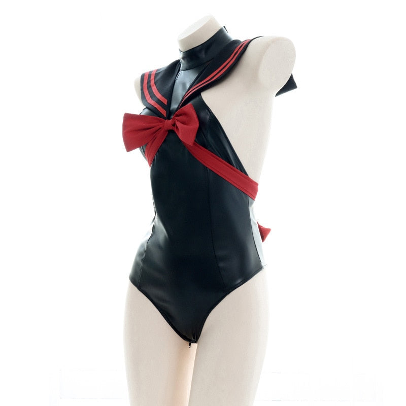Punk Lolita PU Sailor Collar Bodysuits School Girls Cosplay Sukumizu Turtleneck Bow Bandage Backless Swimwear Swimsuit Bodycon - CrazeCosplay