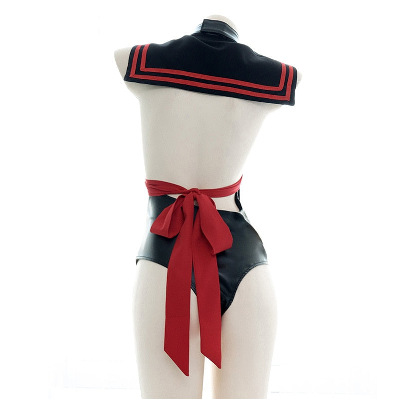 Punk Lolita PU Sailor Collar Bodysuits School Girls Cosplay Sukumizu Turtleneck Bow Bandage Backless Swimwear Swimsuit Bodycon - CrazeCosplay
