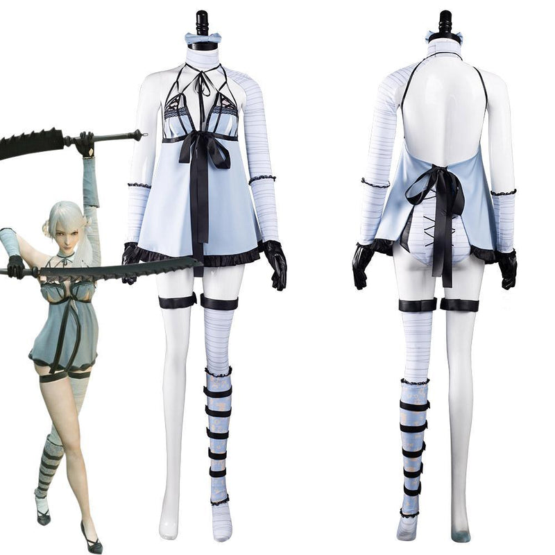 Nier Replicant No.1 Kaine Sexy Bow-Strapped Lingerie Sleepwear Suspender Light Blue Dress Full Set Cosplay Costume - CrazeCosplay